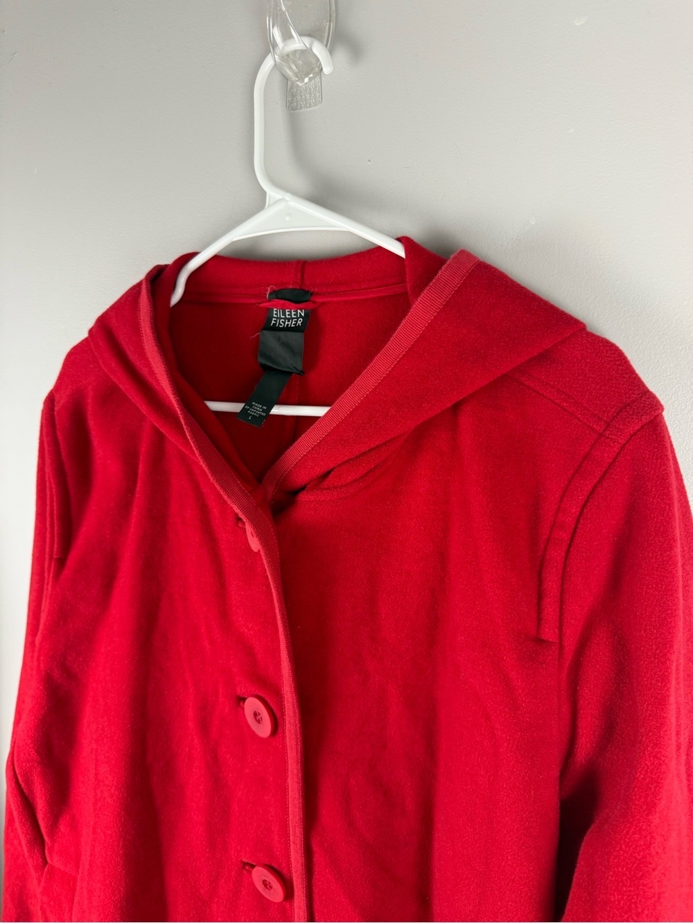 Eileen Fisher Womens Red Wool Melton Hooded Button Up Jacket SZ L Chunky Warm
